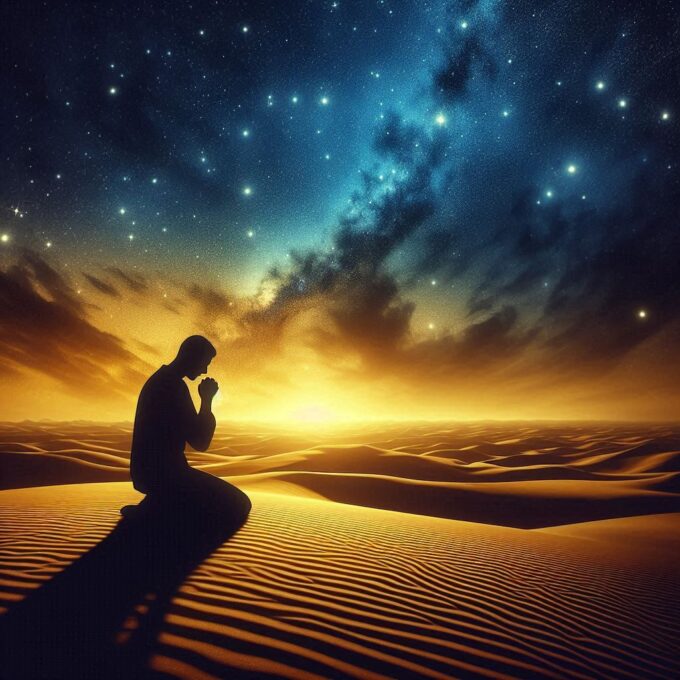 Seseorang Berlutut di Bawah Langit Bertabur Bintang