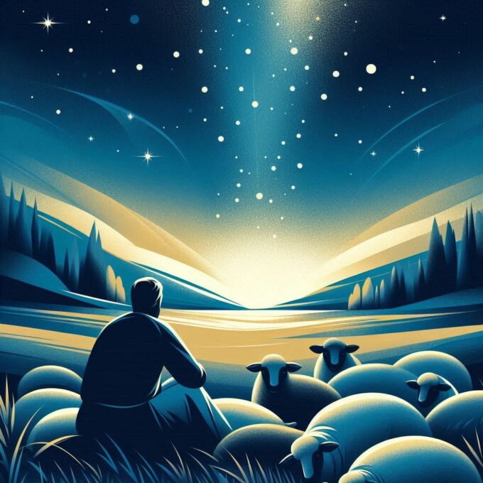 Gembala dengan Domba di Bawah Langit Malam