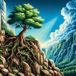 pohon hijau yang tumbuh di tepi jurang batu, dengan akar yang kuat menancap di celah-celah batu