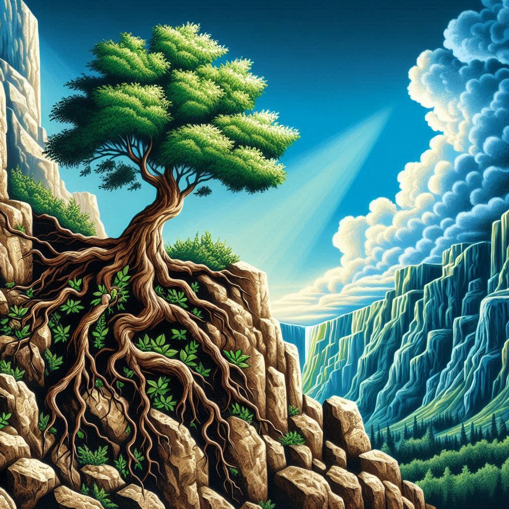 pohon hijau yang tumbuh di tepi jurang batu, dengan akar yang kuat menancap di celah-celah batu