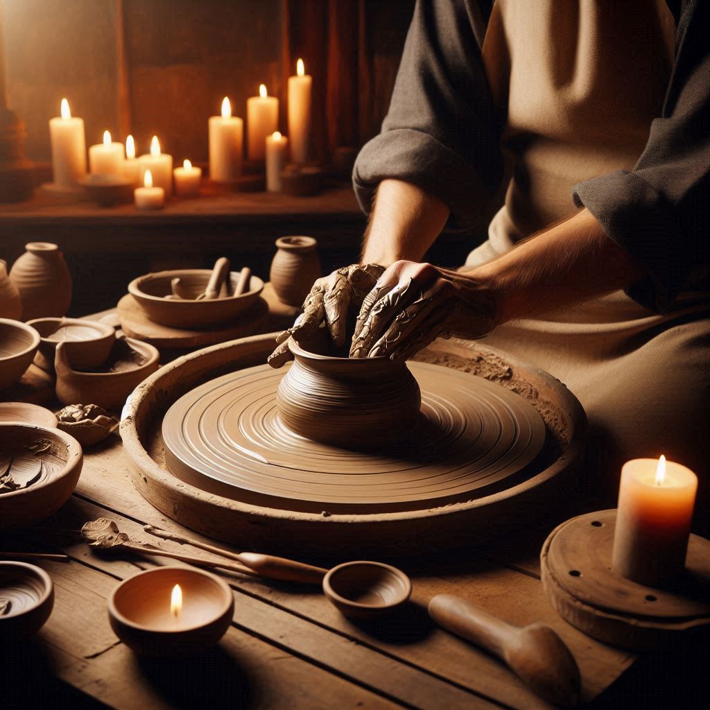 pengrajin gerabah yang sedang membentuk tanah liat di atas meja kayu